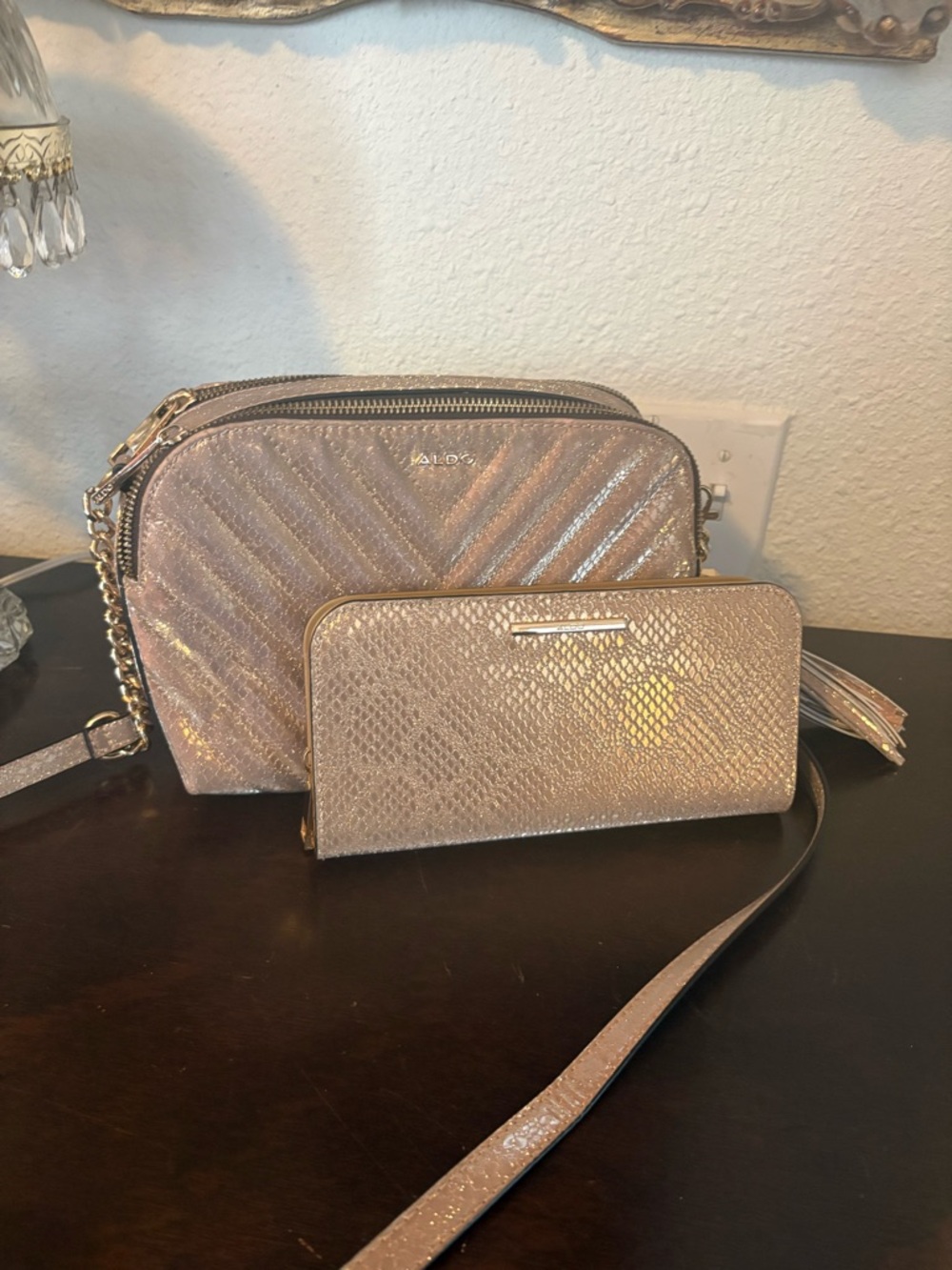Aldo Metallic Rose Gold Crossbody Bag with Matching Wallet